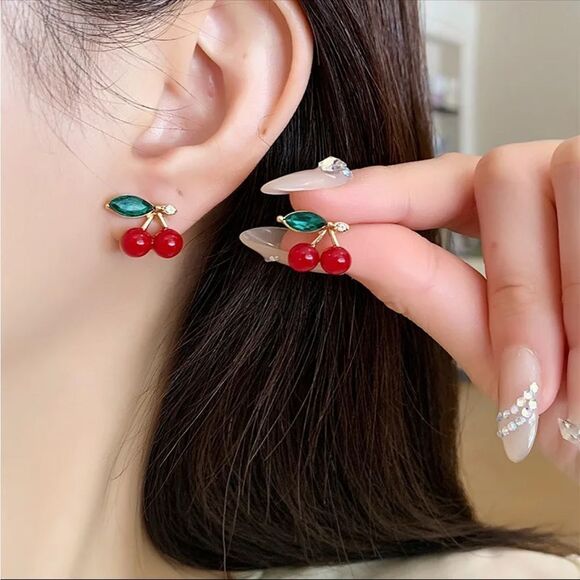 Gold Plated Red Cherry Stud Earrings - Picture 1 of 9